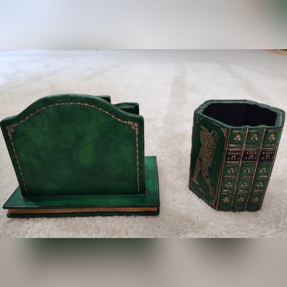 Golfer Desk Organizer Set - Pen/Pencil Holder & Letter Holder - Green/Gold - Picture 2 of 6